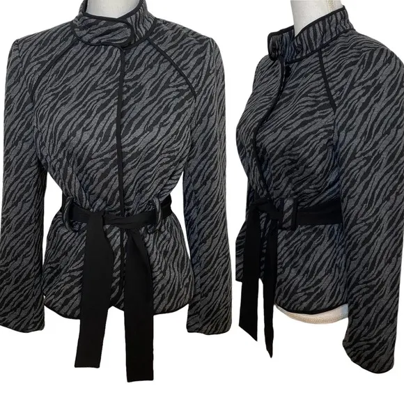 Sandro Animal Print Jacket Zebra Belted Collared, Black & Gray, Size Medium - Image 2