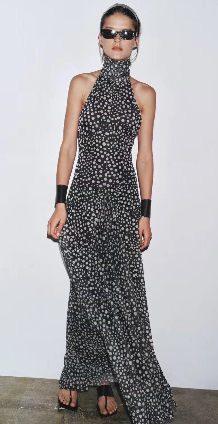 Zara Black and White Polka Dot Halter Flowy maxi Dress - Image 10