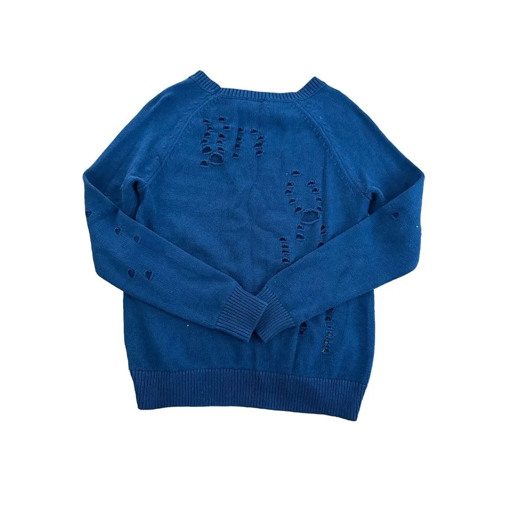 EXPRESS Blue Distressed Crewneck Sweater Size XS - Image 2