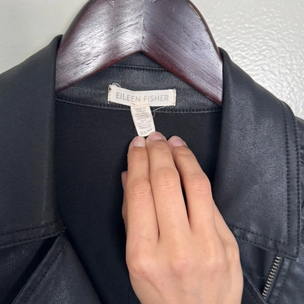 Eileen Fisher Waxed Cotton Black Moto Jacket Size XS - Image 6