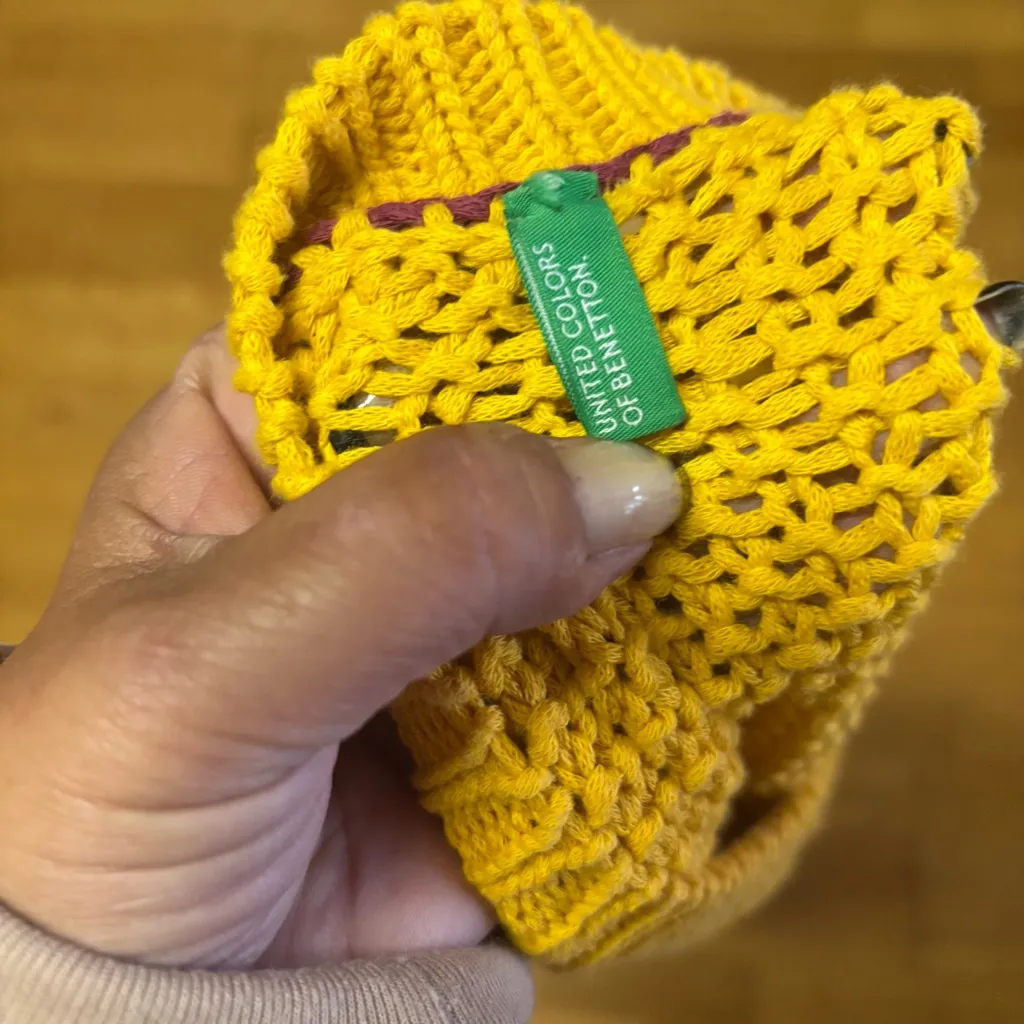 United Colors of Benetton Yellow Fisherman Cable Knit Preppy Crewneck Sweater M - Image 5