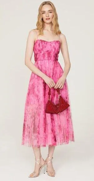 ML MONIQUE LHUILLIER Pink Floral Tulle Sweetheart Neckline A-Line Dress Size 14 - Image 1