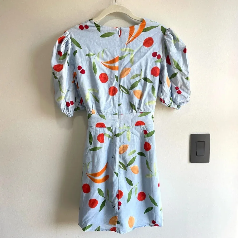 Finders Keepers Calypso Light Blue Fruit Print Puff Sleeve Mini Dress NWT Small - Image 9
