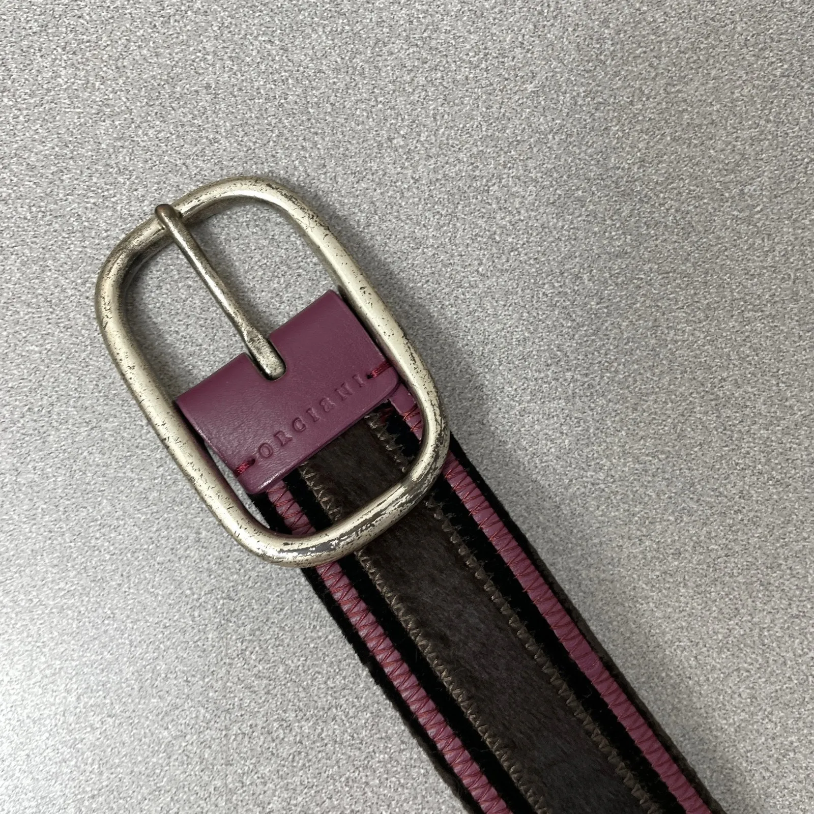 Orciani Belt Womens Medium Purple Brown Pony Animal Hair Leather Silver 1.75in - Image 2