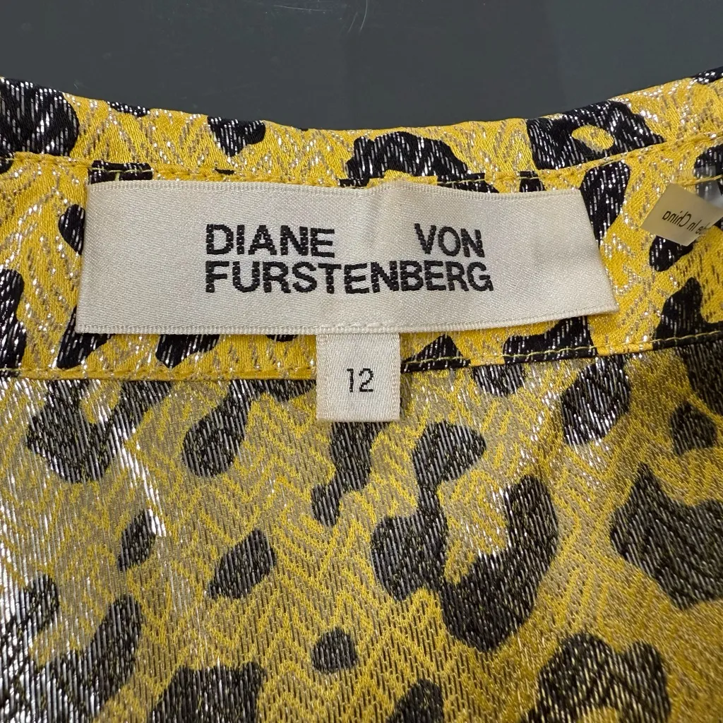 Diane Von Furstenberg Yellow Leopard Animal Print Silk Blend Metallic Blouse - Image 3