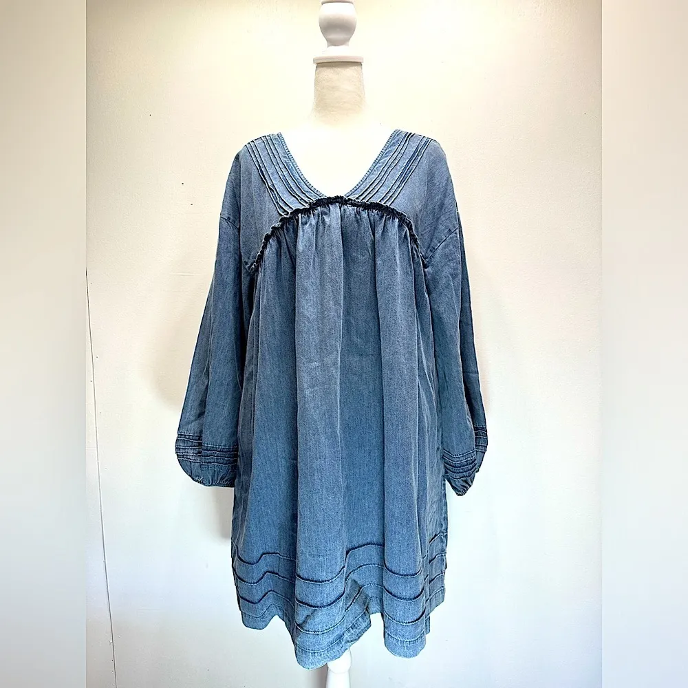 Denim Chambray Babydoll Swing Dress Mittoshop Long Sleeve Pleated Western Boho - Image 2
