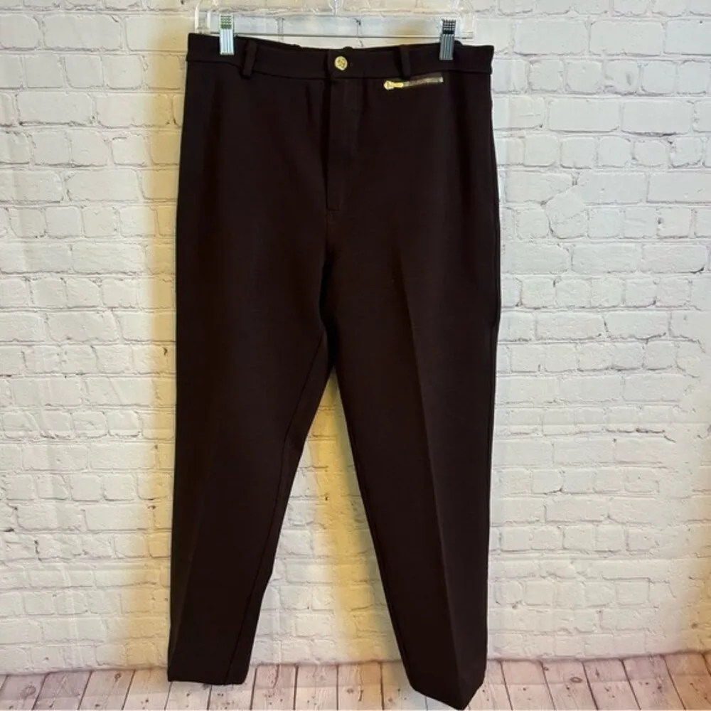 St John Sport classic brown pleated trousers, gold accents, old money, hemmed - Image 2