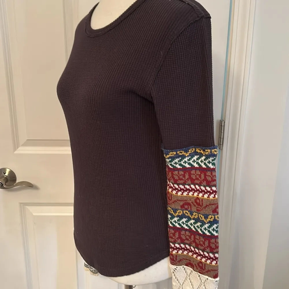 Free People Washed Black Colorful Sleeve Henley Long Sleeve Shirt - Image 4