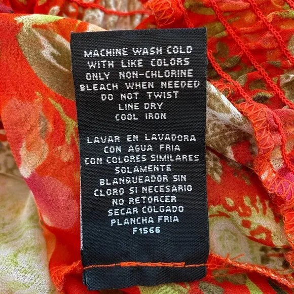 Rafaella Top L Floral‎ Red Green Semi Sheer Smocked Short Dolman Sleeve - Image 9