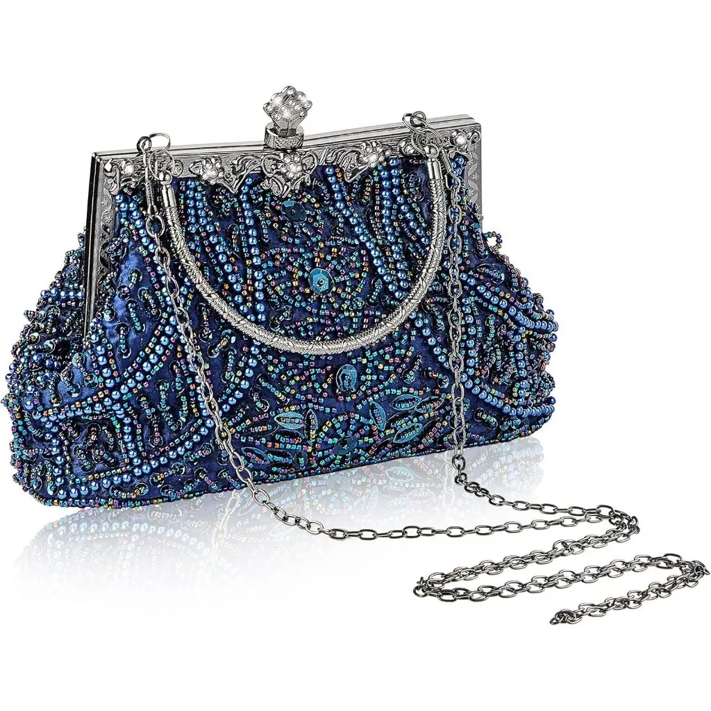 ⚡ Women's Blue Rhinestones Vintage Beaded Satin Lining Evening Clutch Bag - Image 1