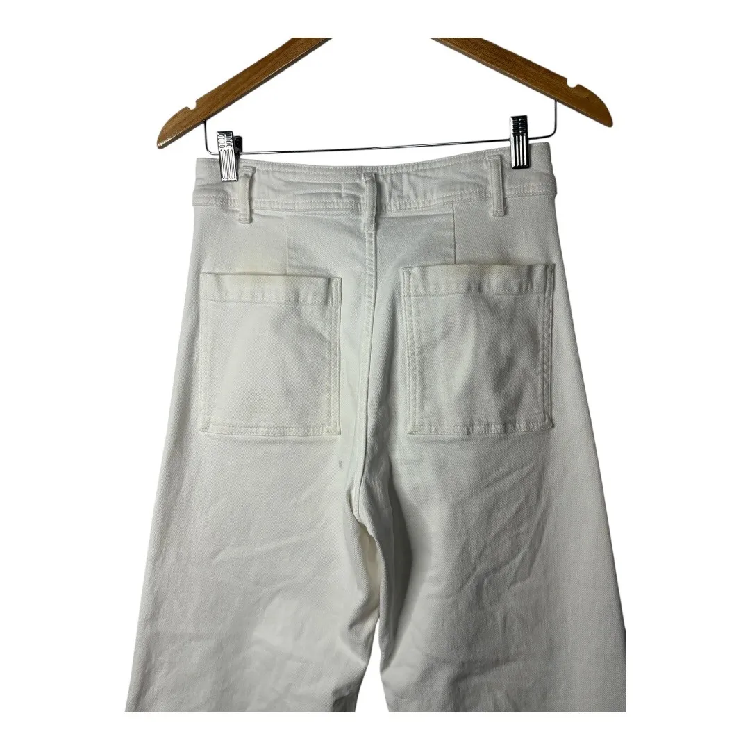 Zara Wide Leg Cropped Jeans High Waist Distressed Hem White Women‎ Size 6 - Image 6