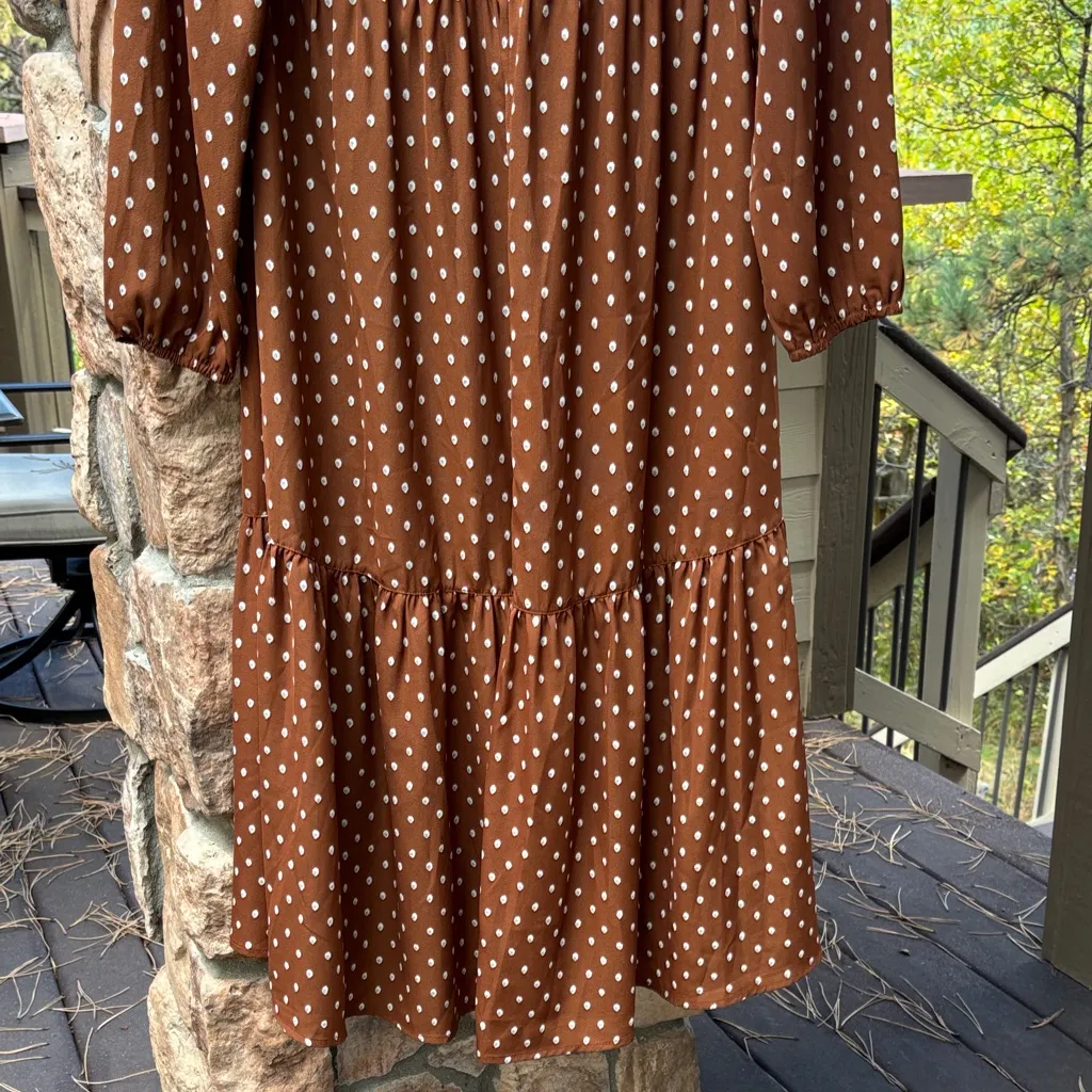 NEW! S Kori Brown Polka Dot Tiered Midi Dress Ruffle Hem High Neck Button Front - Image 11