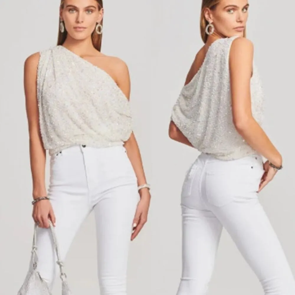 NWT Retrofete Myles Sequin Embellished One Shoulder Top Iridescent White Women S - Image 2
