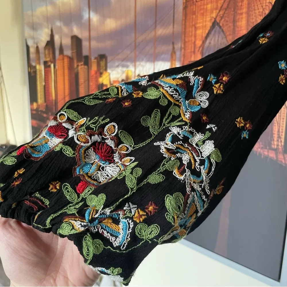 Free People Oxford Black Embroidered Long Balloon Sleeve Open Back Mini Dress S - Image 3