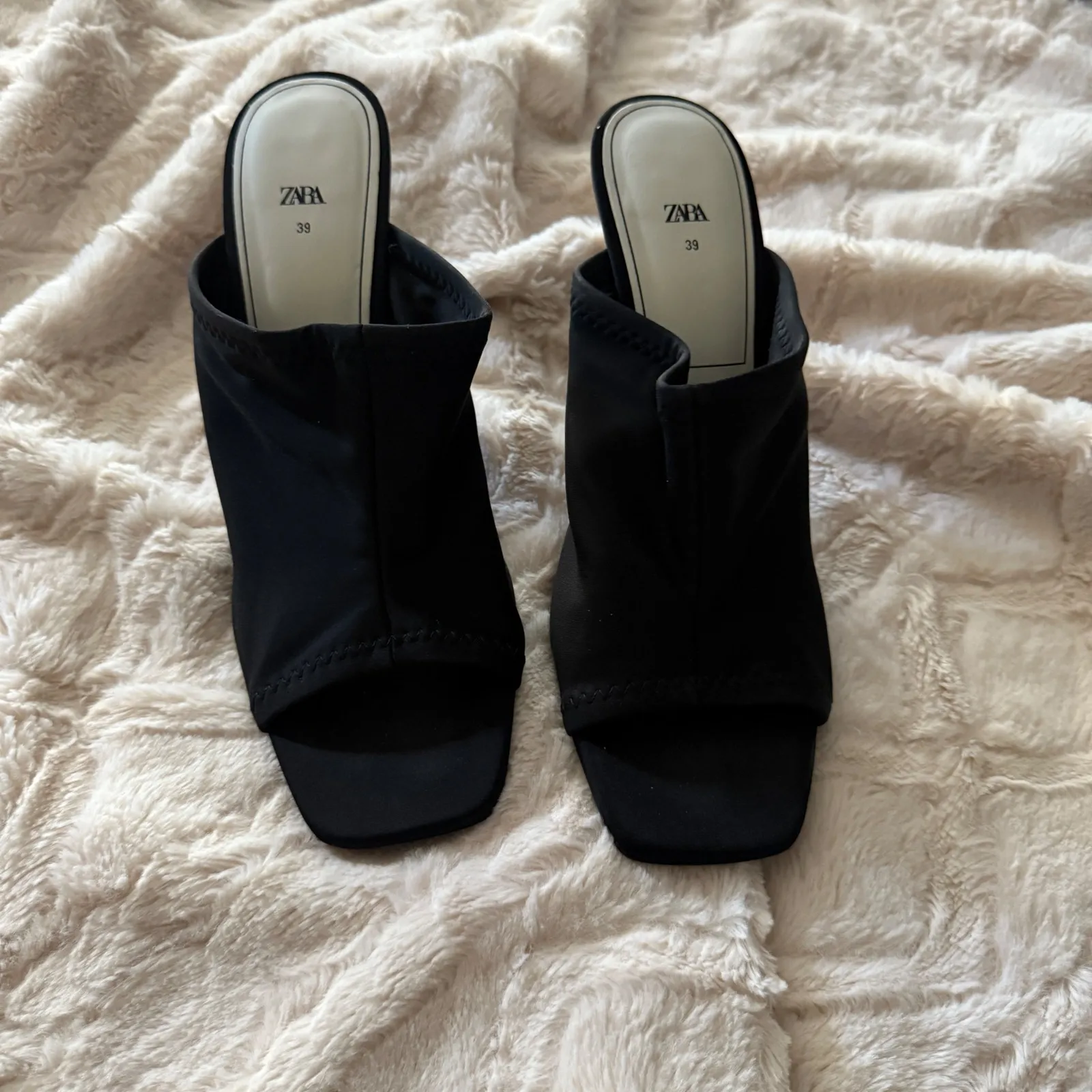 Zara Black Fabric Square Open Toe Heeled Mules‎ Size 39 US 8 Stiletto Heels - Image 3