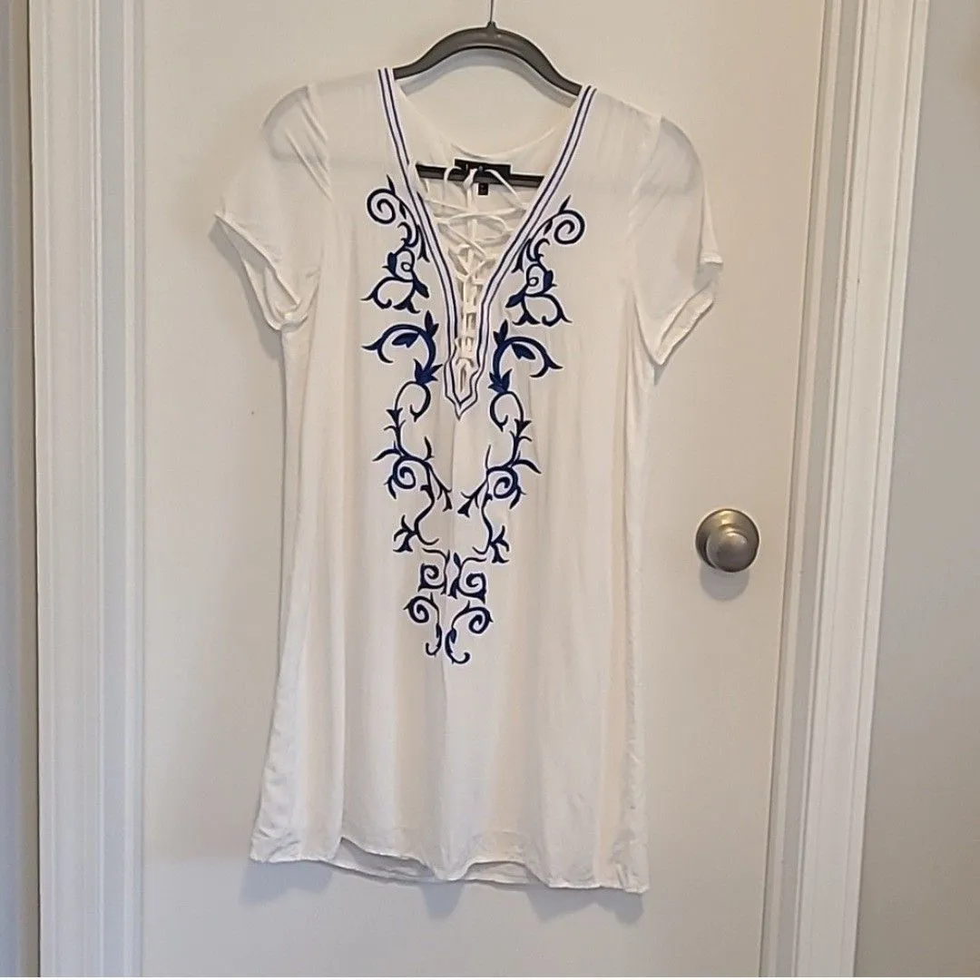 LULUS Women’s DressTassel Tie Front Embroidered Short Sleeve Mini Dress Sz M White Size M - Image 4