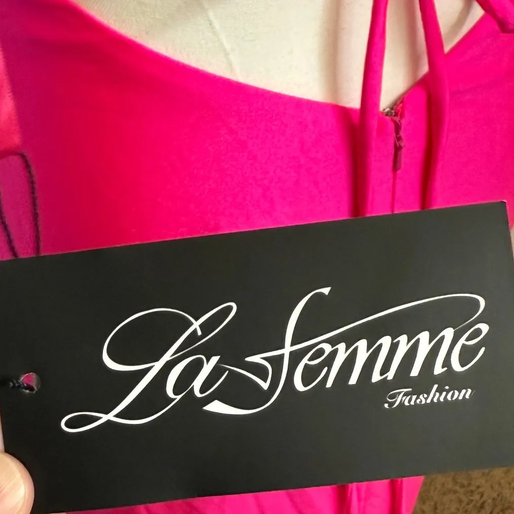 NWT La Femme Sz 4 Lace Up Leg Slit Dress Shiny Hot Pink Gown Prom Formal - Image 9
