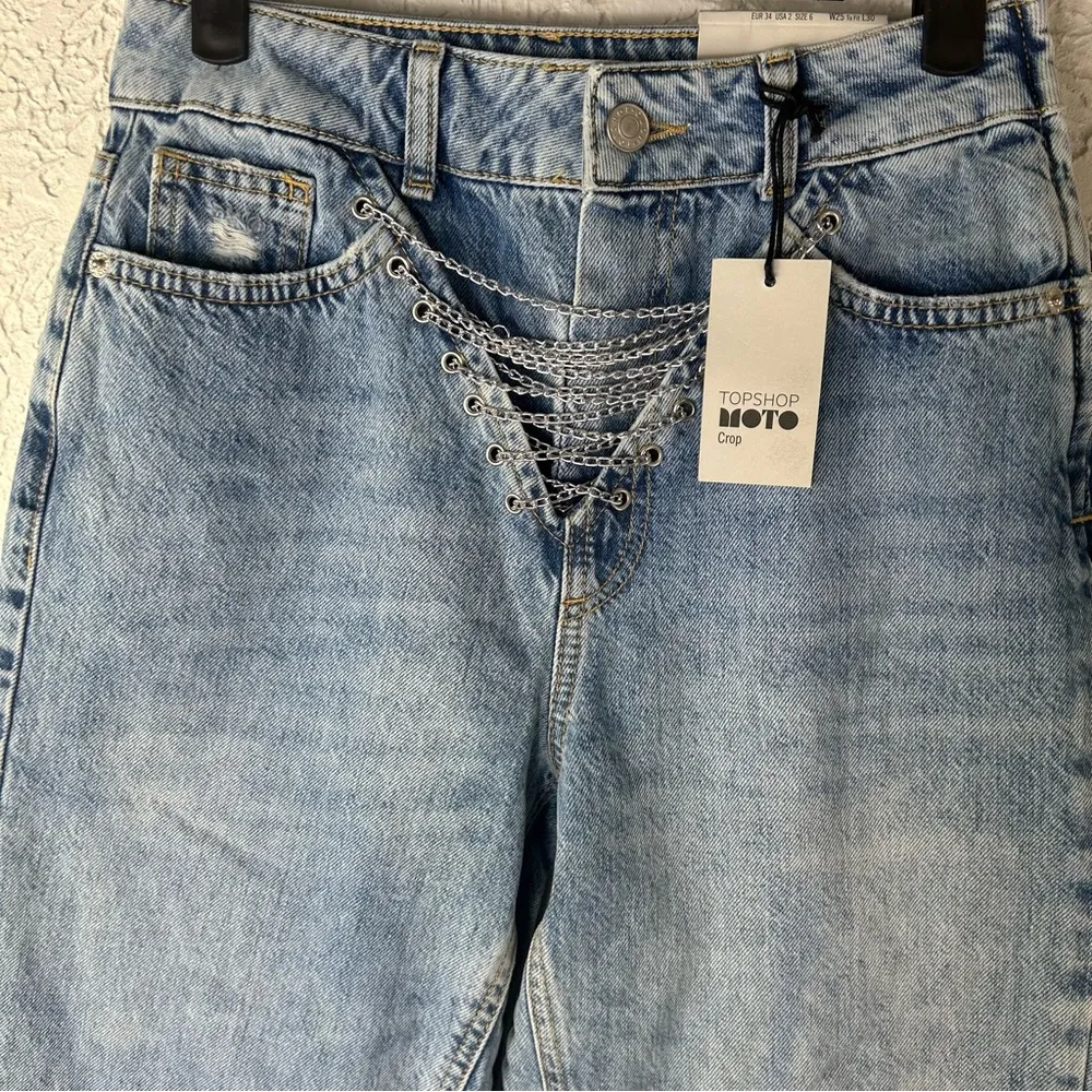 TOPSHOP | Silver Toned Chain Moto Cropped Denim Jeans NWT Size 2 - Image 6