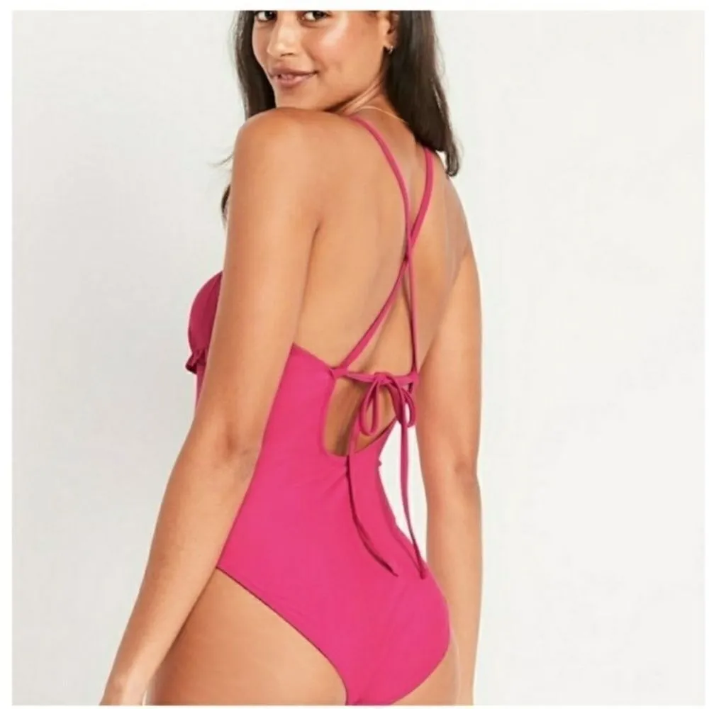Old Navy V Neck Ruffle Trim Cutout One Piece Swimsuit in Pink NEW Size XXL - Image 2