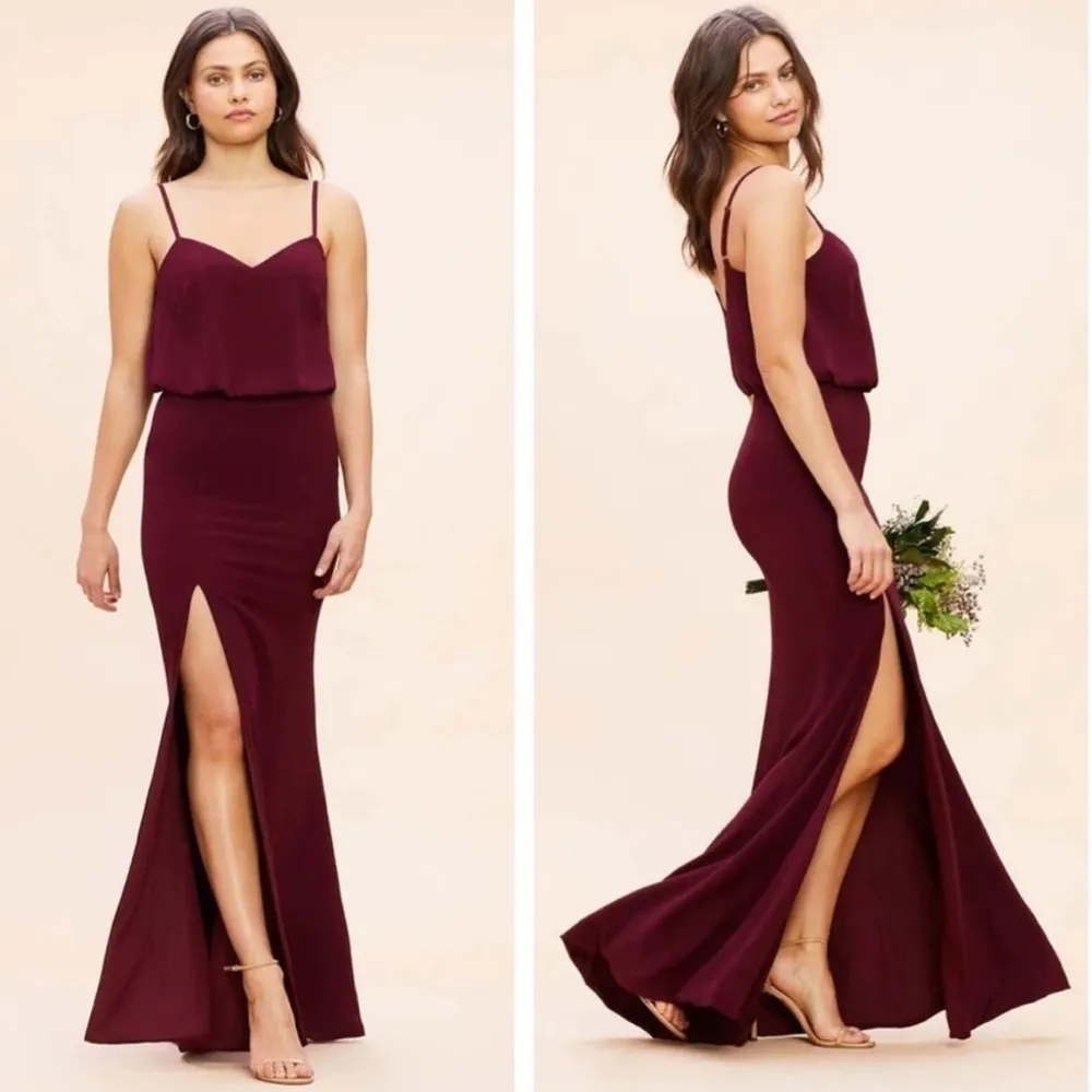 Dress the Population Gracelyn Blouson Jersey Maxi Gown Thigh High Slit Burgundy‎ - Image 2