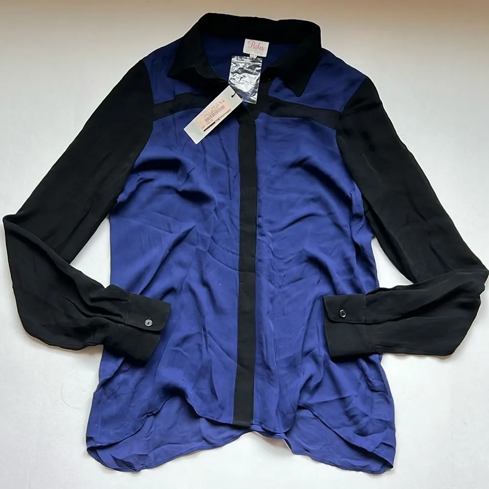 Parker Mesh Inset Top Silk Blue Black Size Medium NWT - Image 2