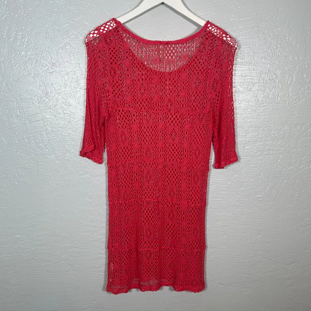 Intimately Free People Women L Pink Crochet Knit Shift Dress Sheer Boho Cottage Size L - Image 5