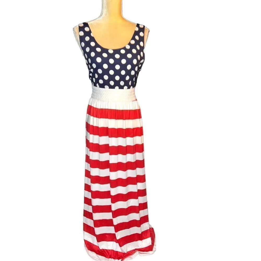Kivenst high fashion patriotic flag inspired long sleeveless dress!! Red Size L - Image 5