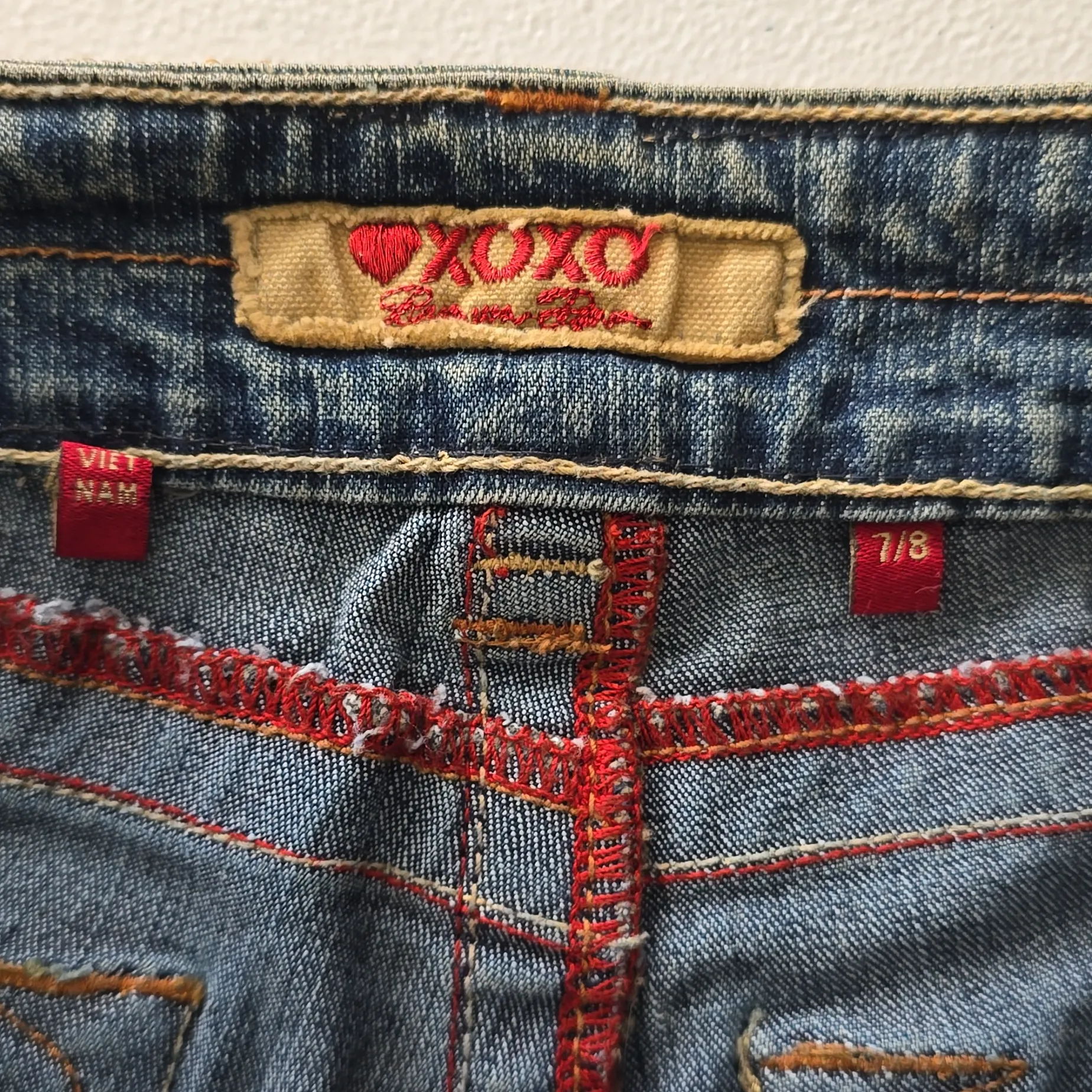 XOXO Blue Straight Bootcut Flare Gold Sequin Denim Jeans Pants 7/8 - Image 7