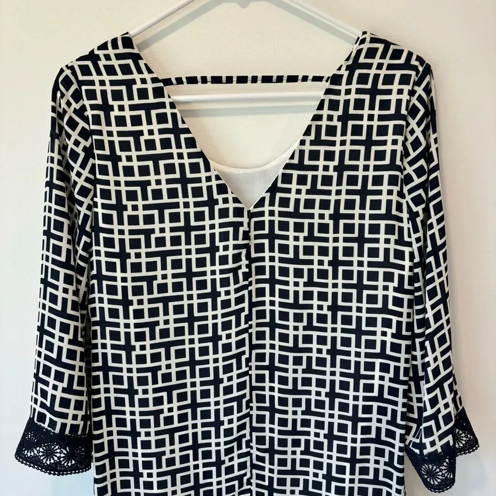 Alya Women’s Blue White Geometric Lace 3 Quarter Sleeve Mini Dress Formal Event - Image 12