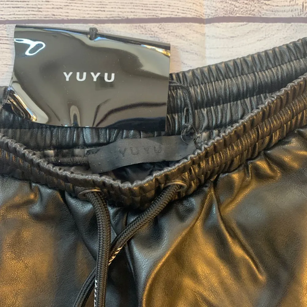 YUYU 100% Black Leather Retro Sporty Shorts Adjustable Drawstring Size XS Black - Image 6