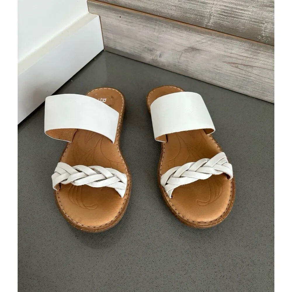 BORN MORENA WHITE LEATHER SLIDES SANDALS SZ 7M BRAIDED SLIP ON CASUAL RETAIL $99 - Image 5