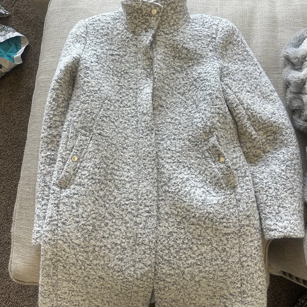 LOFT Gray Textured Long Coat with Pink Trim - Image 3