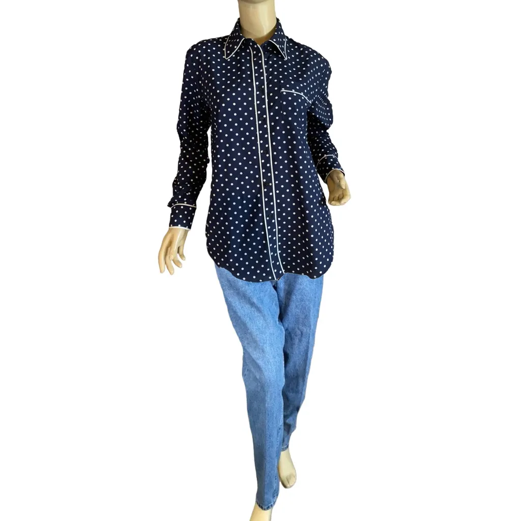 LAUREN RALPH LAUREN NAVY BLUE W/WHITE POLKA DOTS BUTTON DOWN SHIRT (M) - Image 6