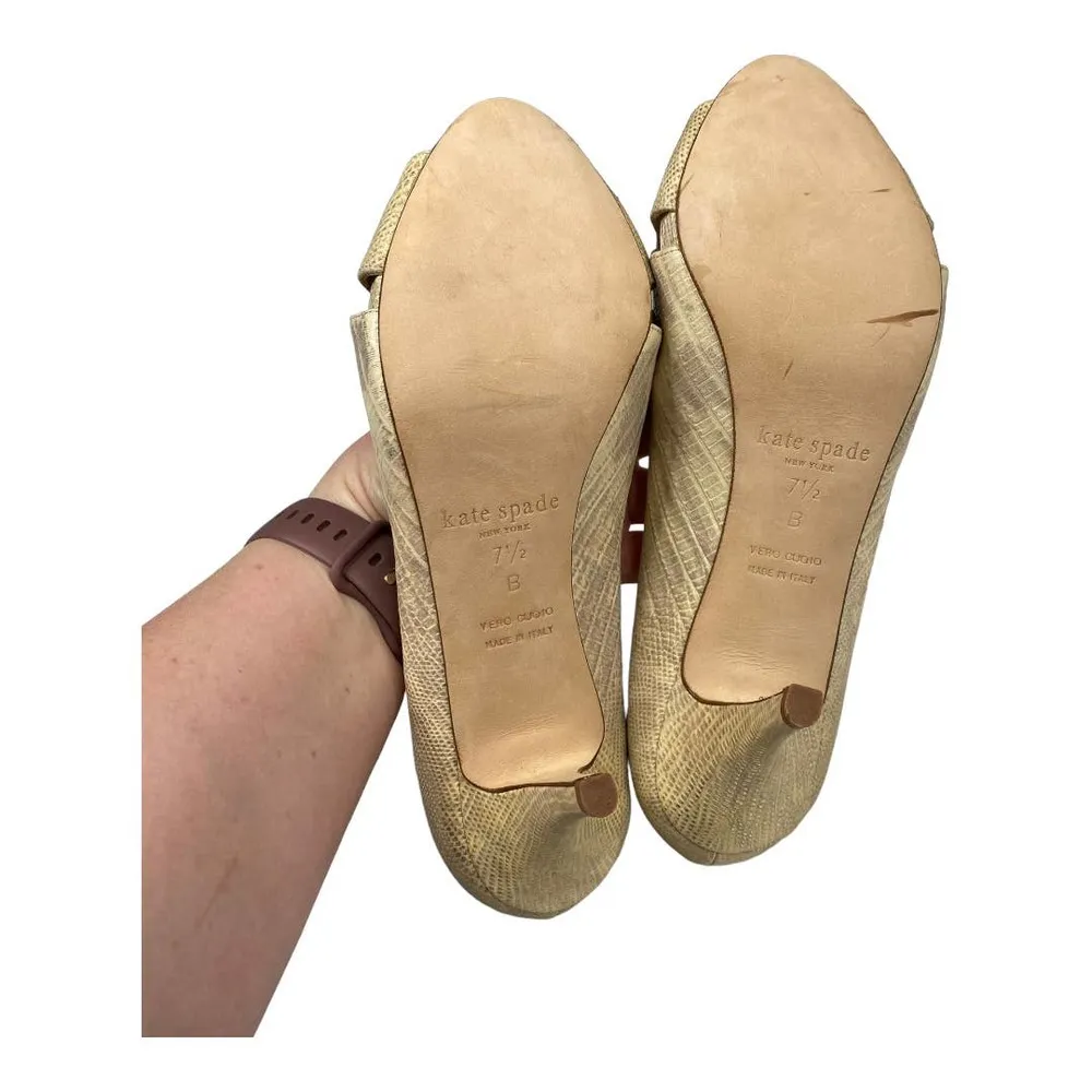 New Kate Spade Billie Textured Gold Metallic Snake Pattern Peep Toe Heels-7.5B - Image 5