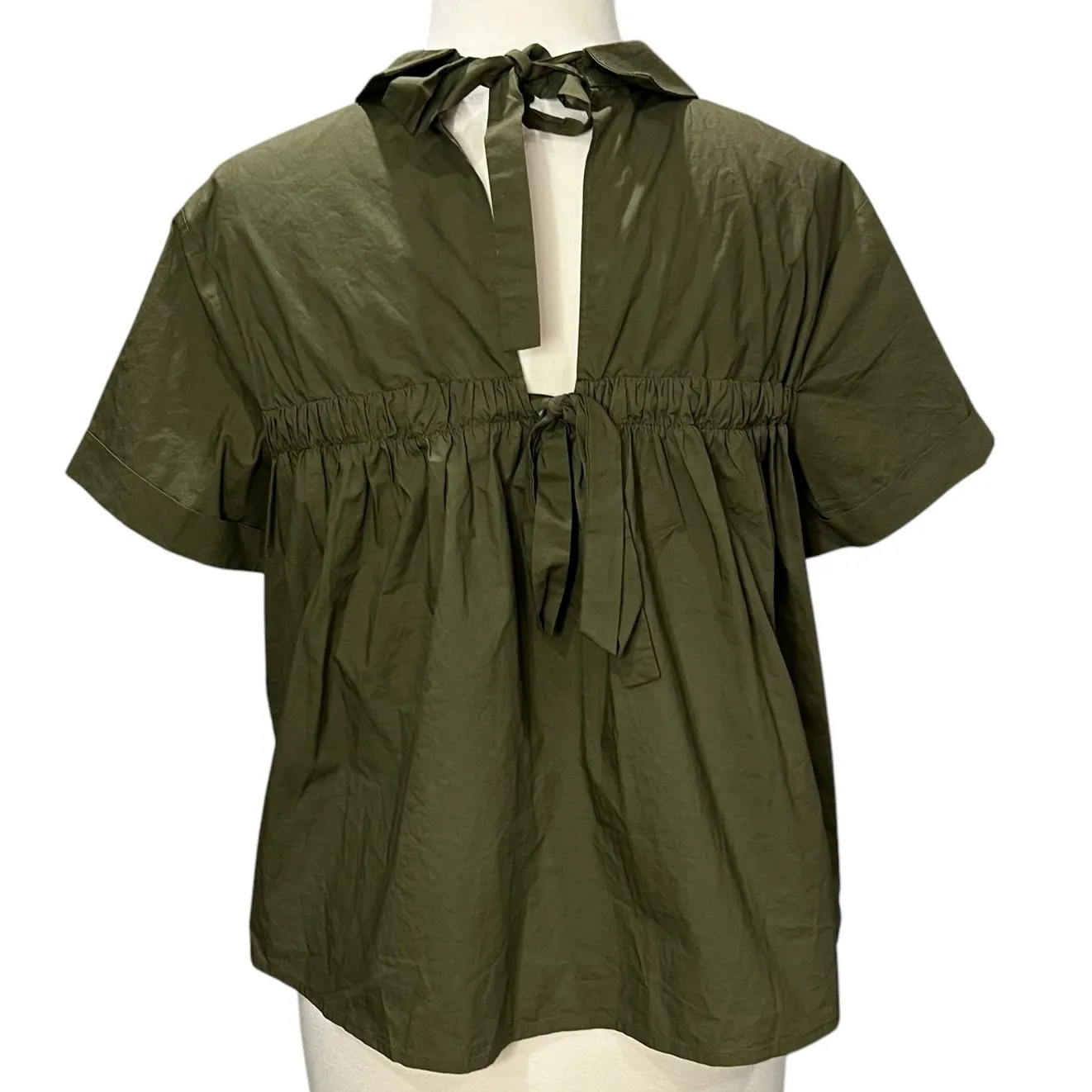 Lalu Blouse Womens S Olive Green Collared Back Cutout Tie Boxy Contemporary Top - Image 3