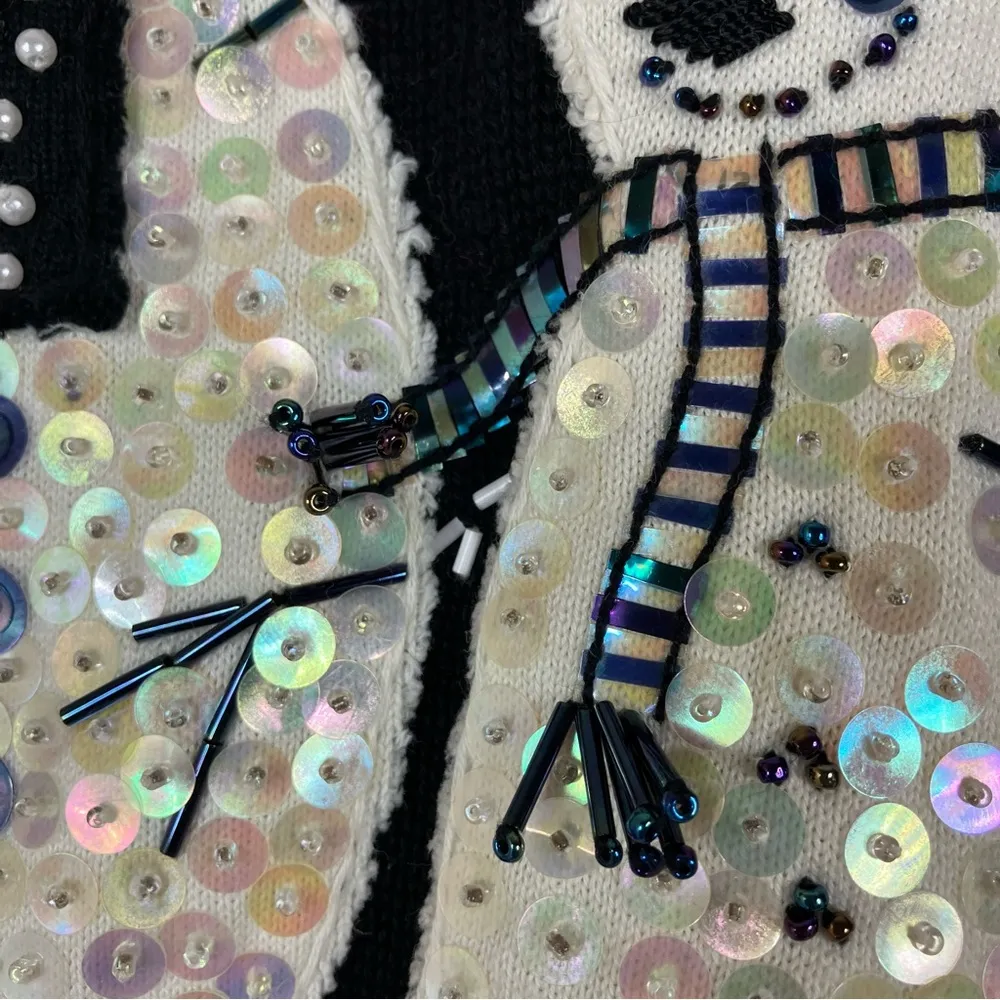 Susan Bristol | Black Cotton Sequin Snowman Henley 2/3 Sleeve Sweater M - Image 3