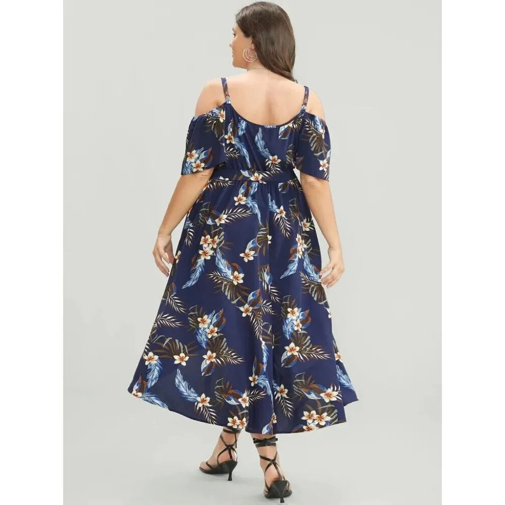 Bloomchic Floral Cold Shoulder Pocket Ruffle Belted High Low Hem Dress Navy 10 - Image 2