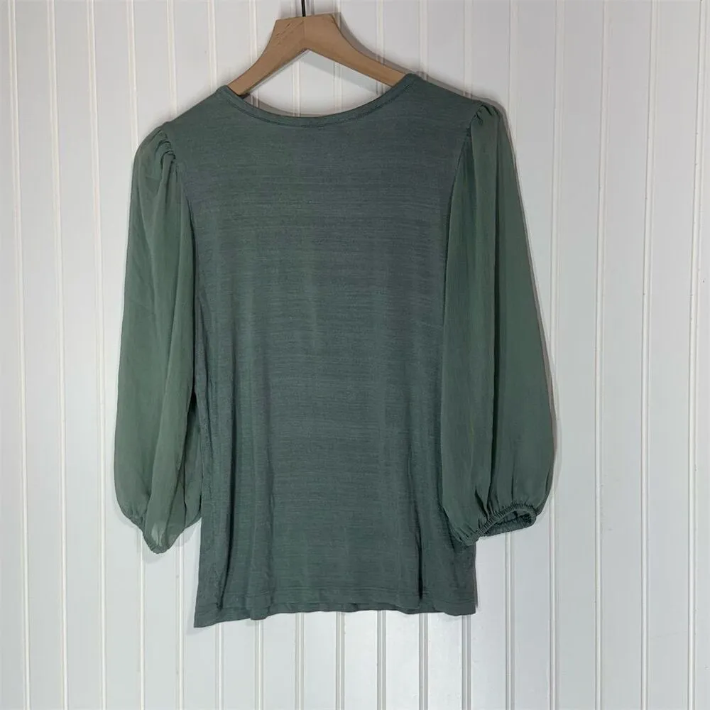Kim & Cami Puff Sleeve Top M Sage Green Blouse Textured‎ Knit Chiffon Sleeves Size M - Image 3