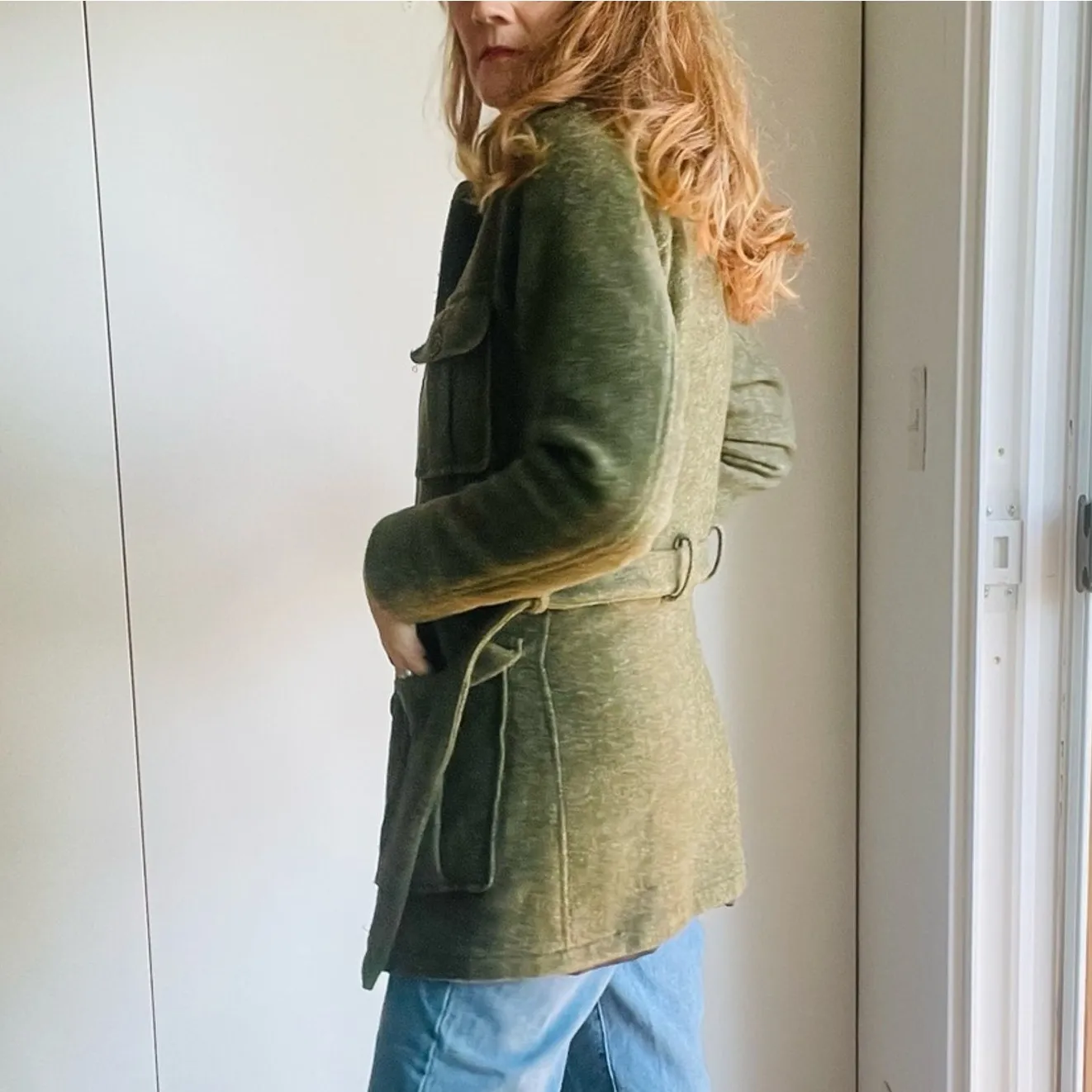 Vintage Wool Military Style Womens Olive Green Coat SZ XS Belted Gopcore Utility - Image 11