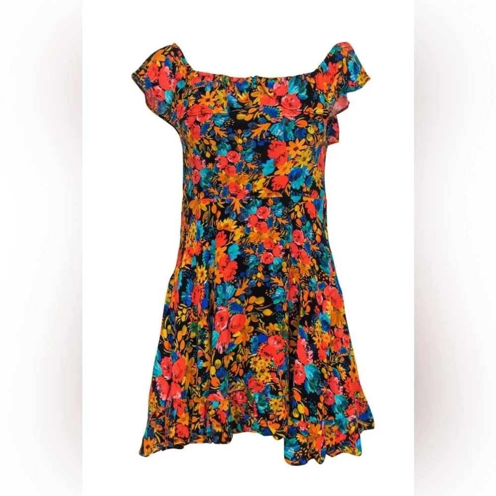 Dark Bouquet Floral Printed Ruffle Mini Dress XS - Image 2