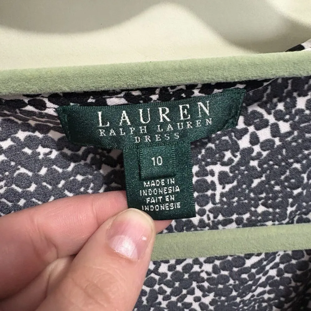 RALPH LAUREN Elbow Sleeve Midi Stretch Knit Wrap Dress Sz 10 Black White Print - Image 2