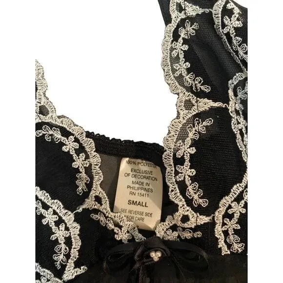 Black Sheer Embroidered Bodice Open Front Teddy Slip Mini Dress Size Small - Image 6