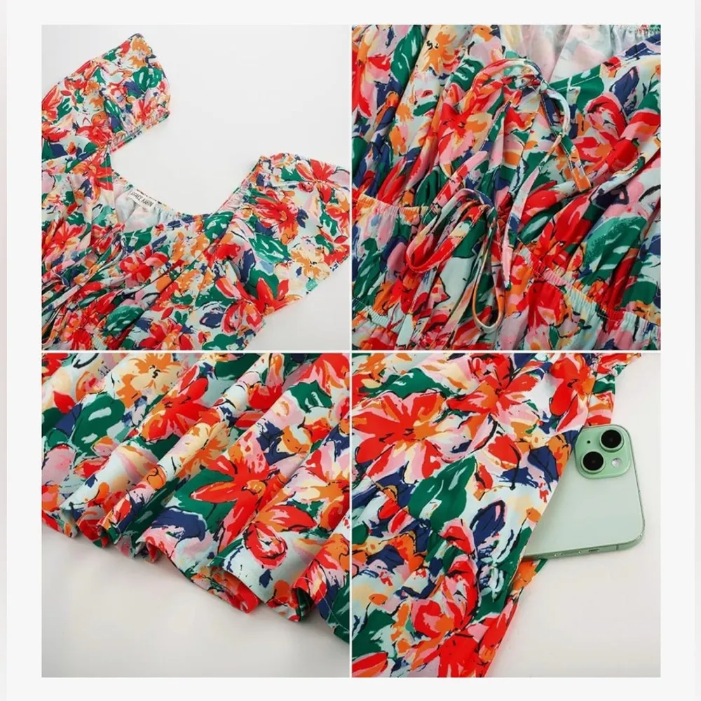 NEW Floral Ruffle Sleeve Empire Waist A-Line Maxi Tiered Dress Pockets 2X - Image 7