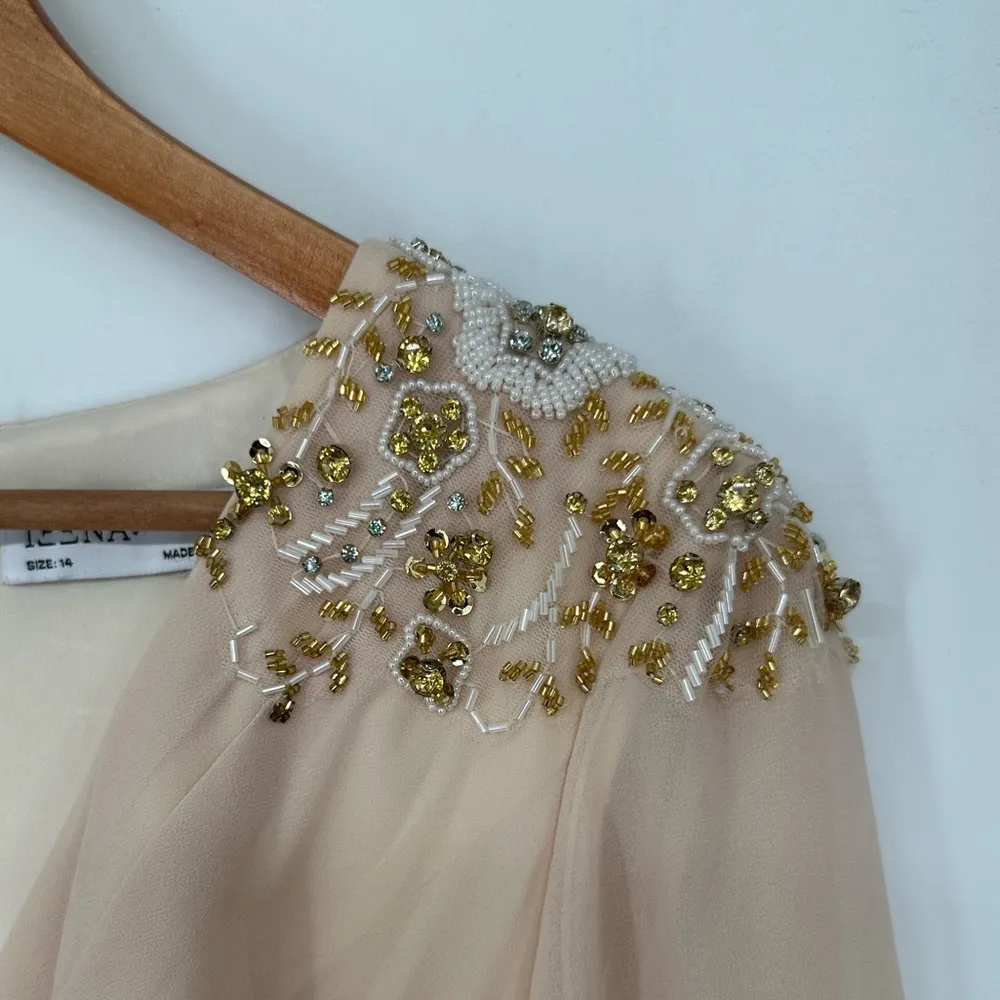 Mac Duggal Embellished Shoulder Blouson Sleeve Evening Gown in Porcelain size 14 - Image 6