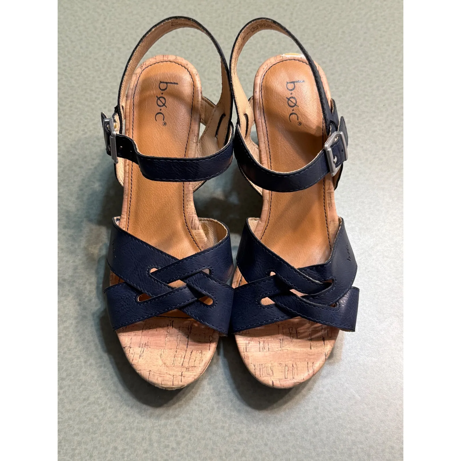 boc Born Shoes Navy Blue Leather Cork Chunky Heel Sandals Women Size 8M - Image 2