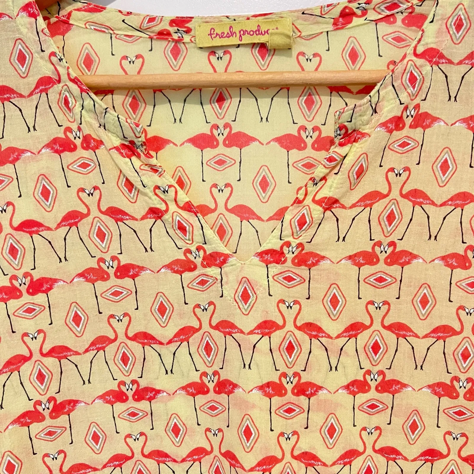 Fresh Produce XS/S Yellow Pink Flamingo Long Sleeve Tunic Top 100% Cotton Beachy - Image 3