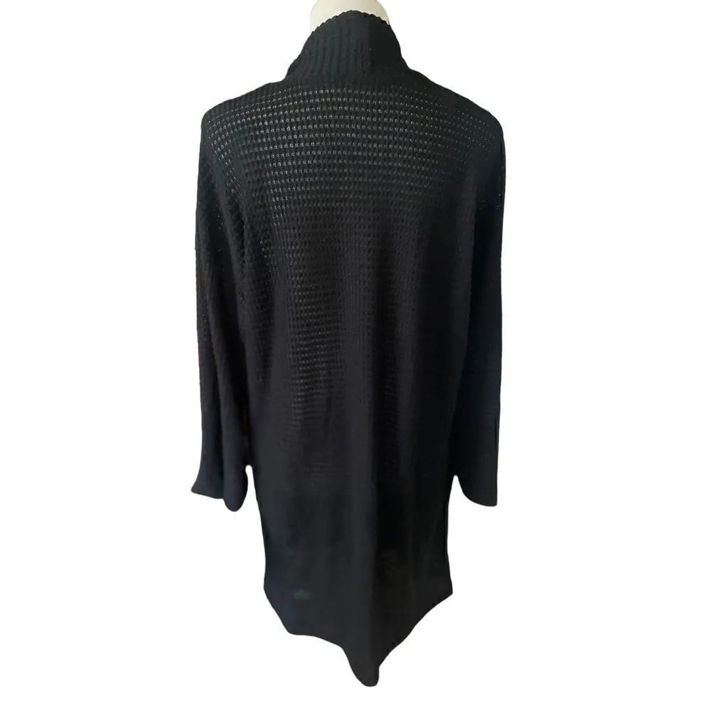 CY Fashion Long Black Open Semi Sheer waffle Knit Cardigan Size Small - Image 4