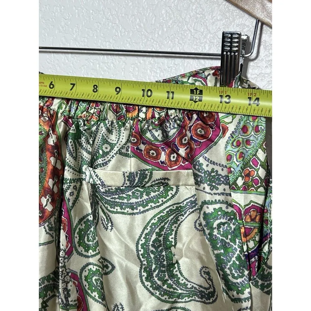 HalfHeart Satin Pants Women Sz M Paisley Kimono M Pull On Lounge White Size M - Image 8