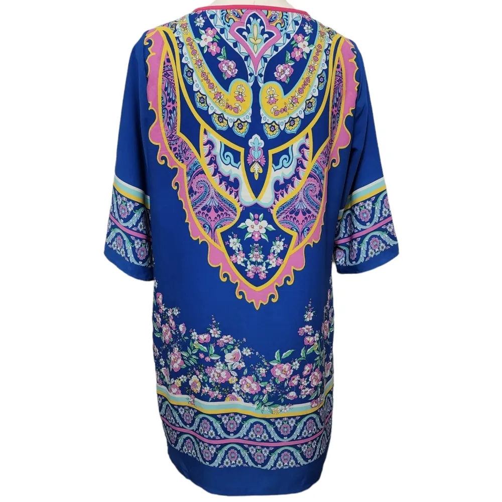 Modcloth Pink Owl royal blue floral print split neck shift dress size large - Image 4