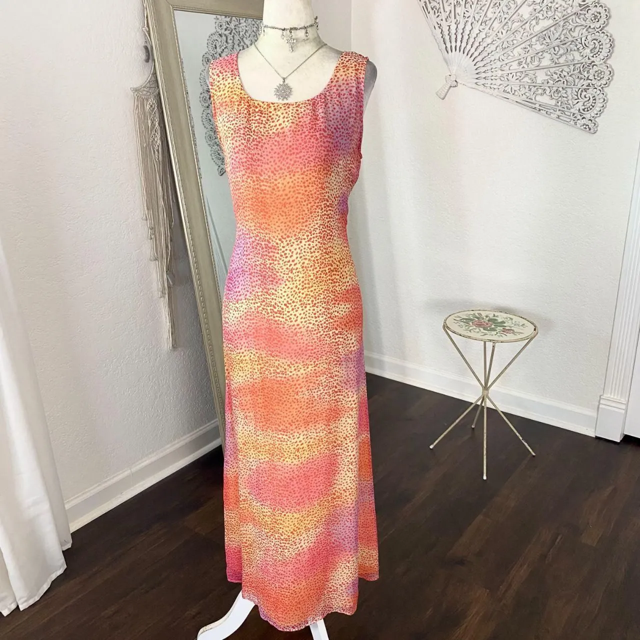 Robbie Bee VTG Early 2000's Speckled Orange Pink Sunset Silk Midi Maxi Dress M - Image 2